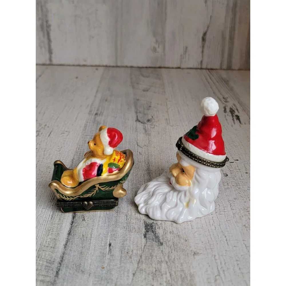 Vintage mini trinket box santa claus face bear sled figure‎ xmas